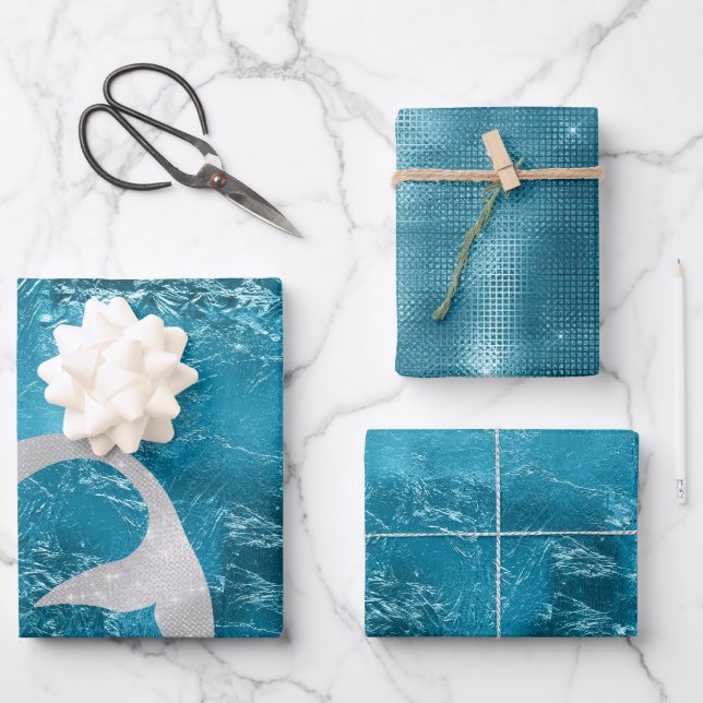 Feuille De Papier Cadeau Sirène d'argent Aqua (Recto)