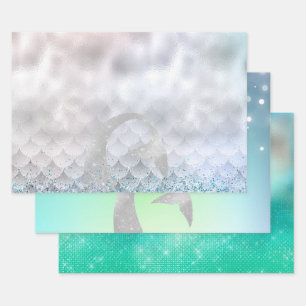 Feuille De Papier Cadeau Sirène d'eau rose violet Parties scintillant d'arg