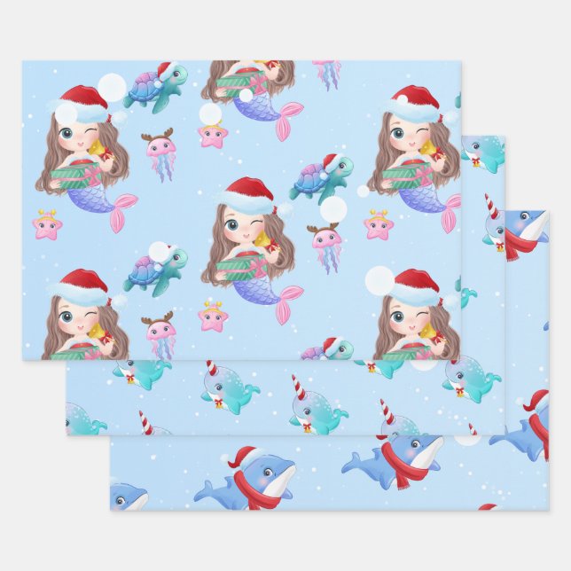 Feuille De Papier Cadeau Sirène sous la mer Noël (Lot)