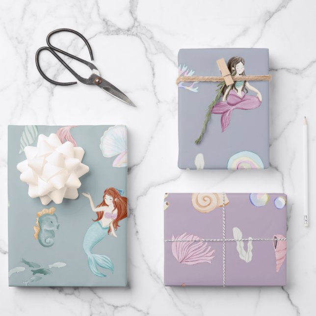 Feuille De Papier Cadeau Sirènes d'aquarelle géante sous la mer (Recto)