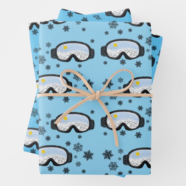 Feuille De Papier Cadeau Ski Goggs Mountain View Fluts de neige Bleu (En situation)