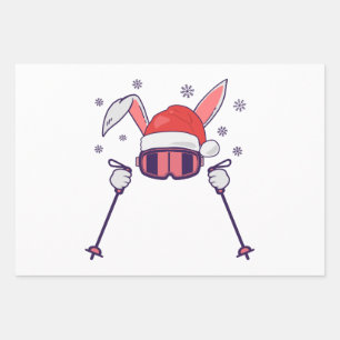 Feuille De Papier Cadeau Ski Père Noël Rabbit avec Santa Hat et bâtons de s