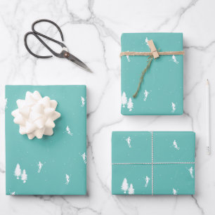 Feuille De Papier Cadeau Skieurs alpins minimalistes Illustration Bleu