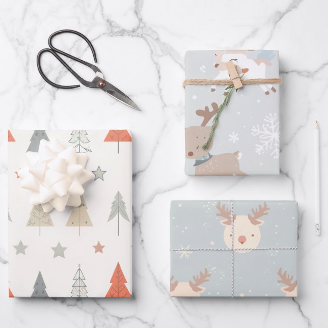 Feuille De Papier Cadeau Sleigh Reindeer Pine Trees Pattern wrapping sheet (Recto)