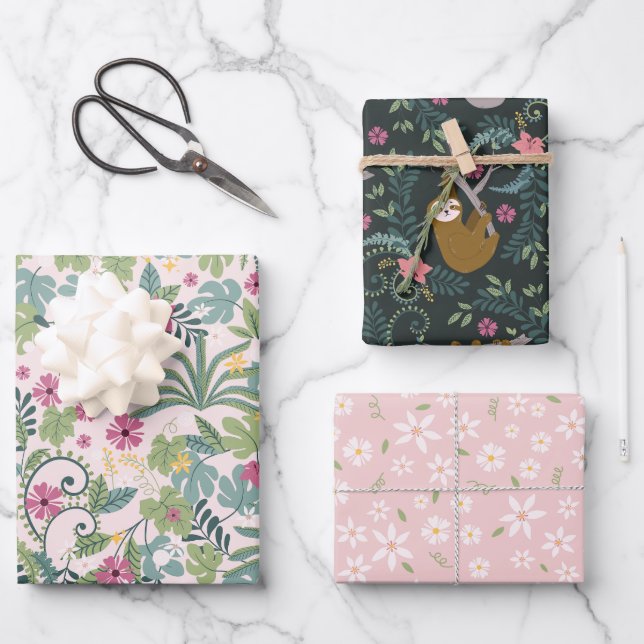 Feuille De Papier Cadeau Sloth Love Jungle Flowers (Recto)