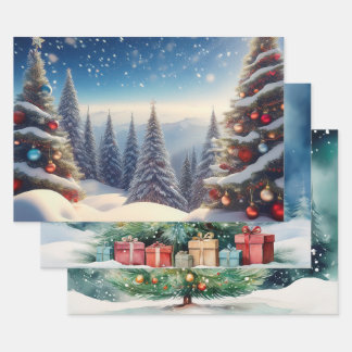 Feuille De Papier Cadeau Snow Cover Christmas Trees in Woods