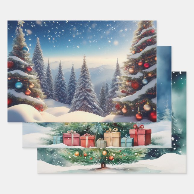 Feuille De Papier Cadeau Snow Cover Christmas Trees in Woods (Lot)
