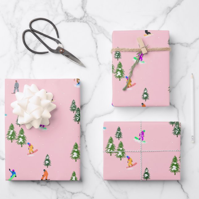 Feuille De Papier Cadeau Snowboarders rose Illustration du snowboard (Recto)