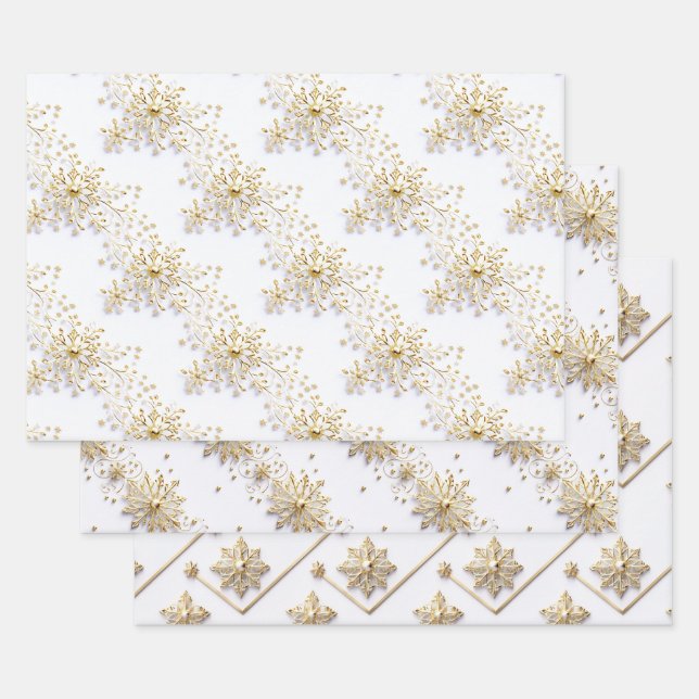 Feuille De Papier Cadeau Snowflake Noël sans couture motif or blanc (Lot)