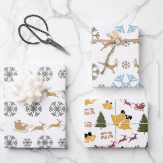 Feuille De Papier Cadeau Snowflakes, cerfs, arbres et cloches minimalistes