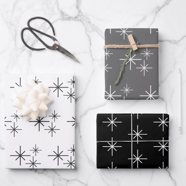 Feuille De Papier Cadeau Snowflakes de Noël Motif noir blanc élégant (Recto)