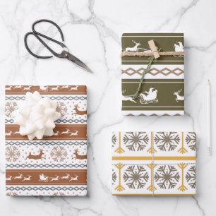 Feuille De Papier Cadeau Snowflakes et cerfs nordiques verts, rouges et gri