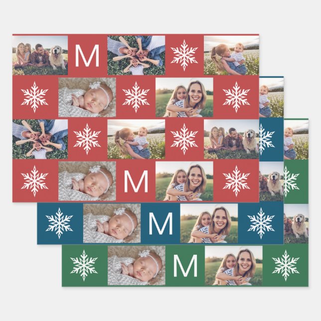 Feuille De Papier Cadeau Snowflakes et Monogram Photo Collage (Lot)