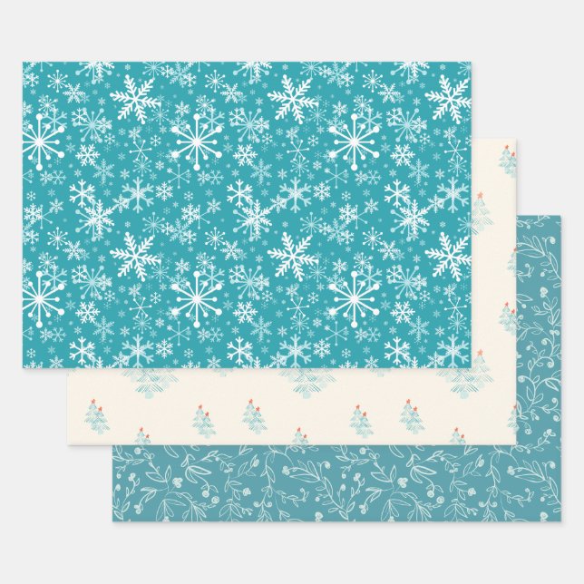 Feuille De Papier Cadeau Snowflakes, feuilles, bourgeons, arbres, turquoise (Lot)