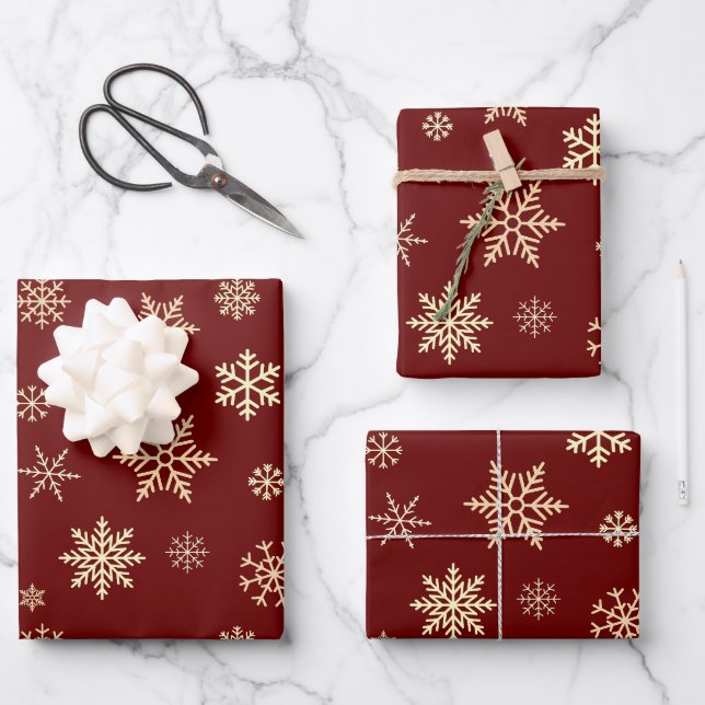 Feuille De Papier Cadeau Snowflakes Maroon Motif sans mer Noël (Recto)