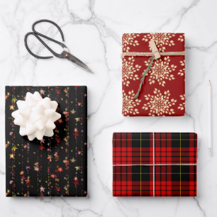 Feuille De Papier Cadeau Snowflakes Noël Étoiles brillantes Tartan rouge Pl