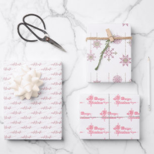Feuille De Papier Cadeau Snowflakes rose et Script de vacances en blanc