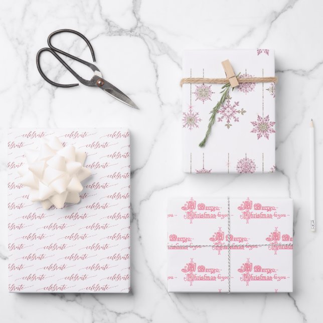 Feuille De Papier Cadeau Snowflakes rose et Script de vacances en blanc (Recto)
