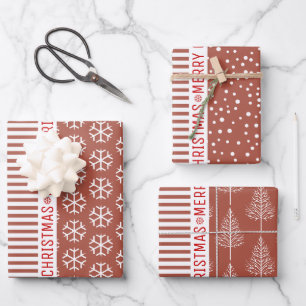 Feuille De Papier Cadeau Snowflakes, sapins de Noël rayés de terre cuite ro
