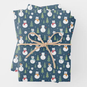 Feuille De Papier Cadeau Snowman Cats Motif de vacances