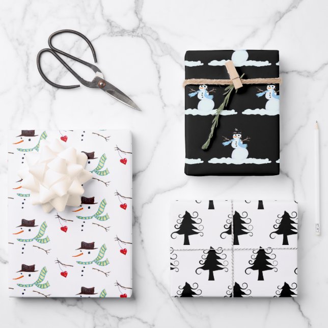 Feuille De Papier Cadeau Snowman Motif Curly Trees Neutres Noël (Recto)