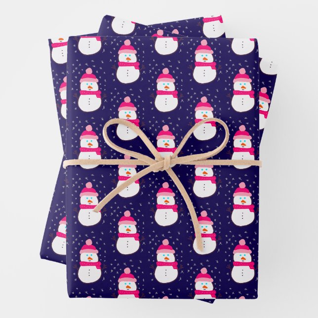 Feuille De Papier Cadeau Snowman rose à la neige (En situation)
