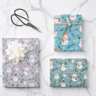 Feuille De Papier Cadeau Snowmen Green et Snowflakes Noël