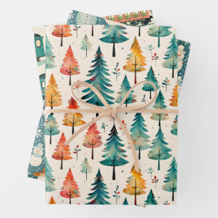 Feuille De Papier Cadeau Snowmen, Trains et Arbre de Noël Vintage