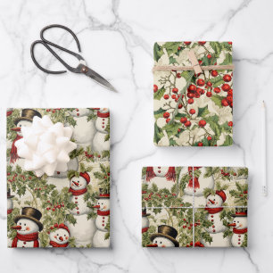 Feuille De Papier Cadeau Snowmen vintage Et Holly