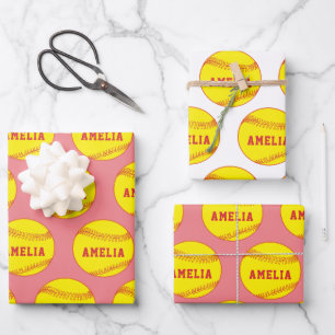 Feuille De Papier Cadeau Softball Ball Player Enfants Nom Anniversaire