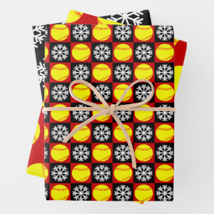 Feuille De Papier Cadeau Softball et flocon de neige Noël rouge et noir