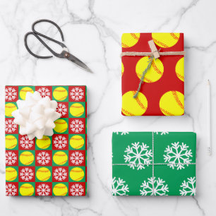 Feuille De Papier Cadeau Softball et flocon de neige Noël rouge et vert