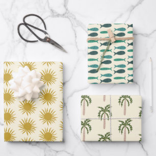 Feuille De Papier Cadeau Soirée au bord de mer Palmiers Poissons Soleils Mi