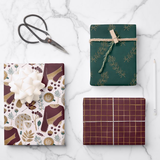 Feuille De Papier Cadeau Soirée de Noël Floral (Recto)