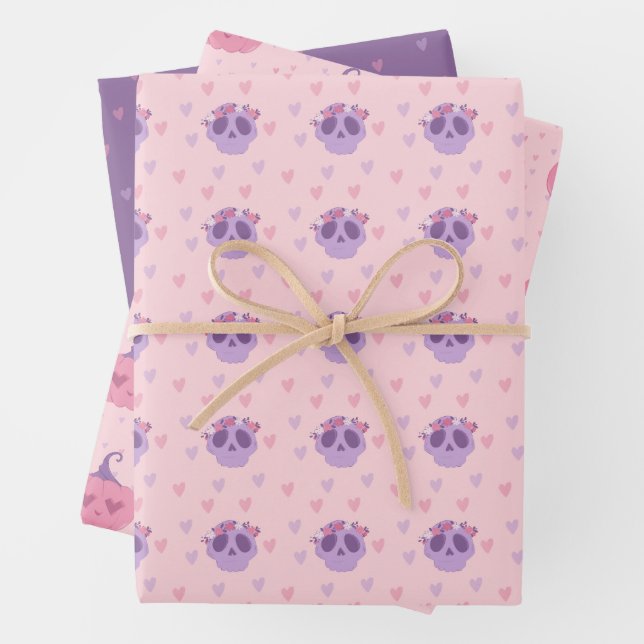 Feuille De Papier Cadeau Soirée d'Halloween rose (En situation)