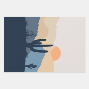 Feuille De Papier Cadeau Soleil désert bleu et beige