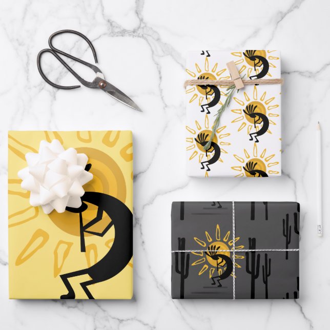 Feuille De Papier Cadeau Soleil doré Kokopelli Sud-Ouest (Recto)