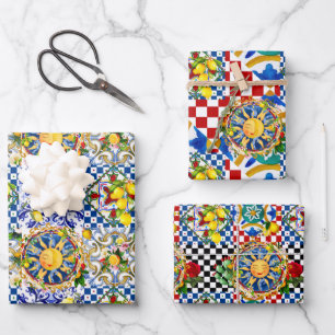 Feuille De Papier Cadeau soleil sicilien, demi lune, citron, tuiles méditer
