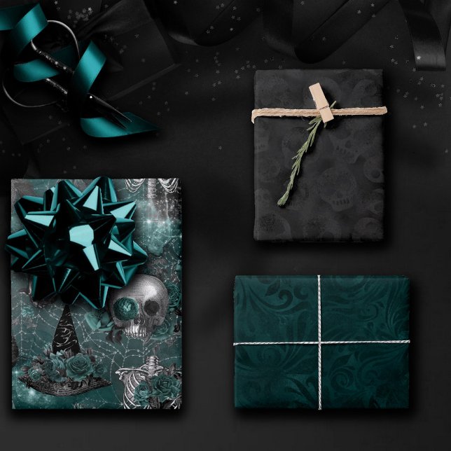 Feuille De Papier Cadeau Sorcière crâne Floral | Minuit gothique foncé Turq (Créateur téléchargé)