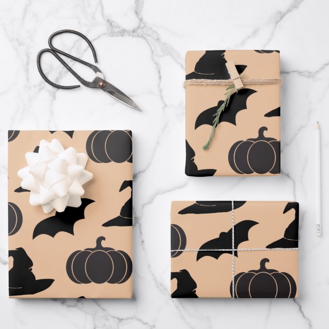 Feuille De Papier Cadeau Sorcière d'Halloween Casquettes & chauves-souris & (Recto)