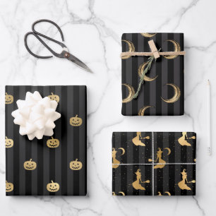 Feuille De Papier Cadeau Sorcière noire et or, Lunes et Halloween Citrouill