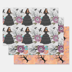 Feuille De Papier Cadeau Sorcière victorienne gothique Floral Halloween Vin