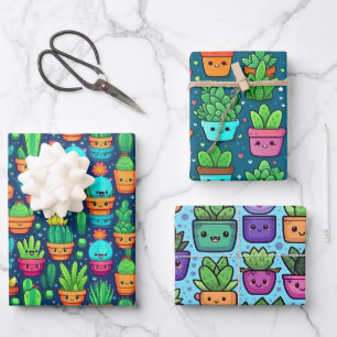Feuille De Papier Cadeau Souriant Succulent et Cactus Plante Mets Designs