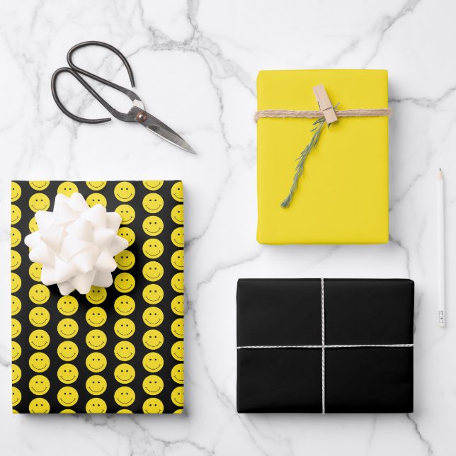 Feuille De Papier Cadeau Sourire Jaune visage Gris Noir (Recto)