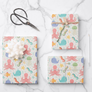 Feuille De Papier Cadeau Sous la mer Octopus Sea Horse Whale Starfish
