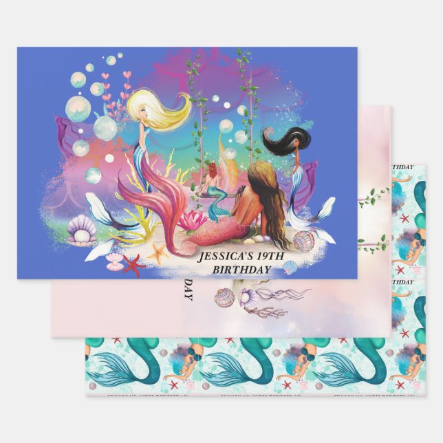 Feuille De Papier Cadeau Sous La Mer Sirène Océan Purple Turquoise (Lot)