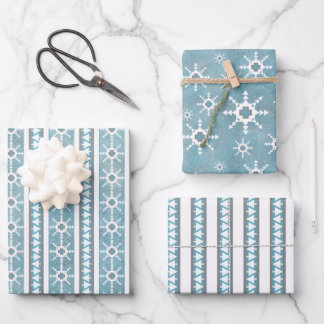 Feuille De Papier Cadeau Southwest Winter Snowflakes & Pine Trees Blue