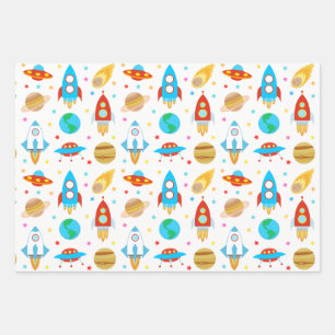 Feuille De Papier Cadeau Space Rockets Stars Comètes Planètes