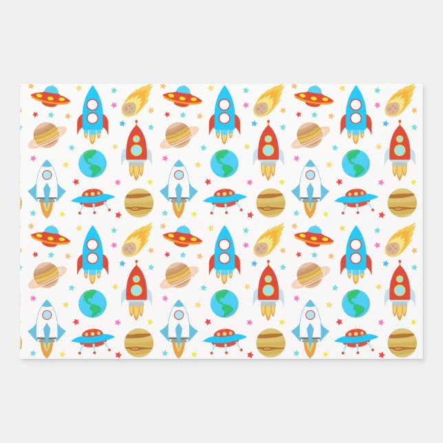 Feuille De Papier Cadeau Space Rockets Stars Comètes Planètes (Devant)