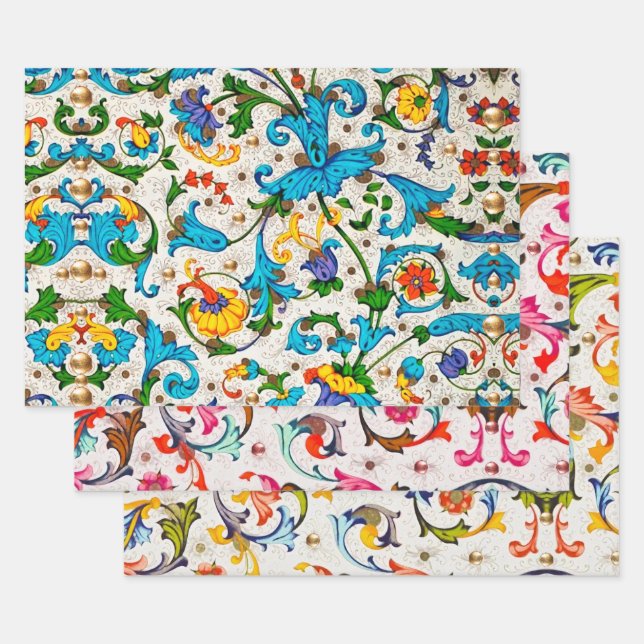 FEUILLE DE PAPIER CADEAU SPIRALES FLORALES DE LA RENAISSANCE FLORENTINE,FLE (Lot)